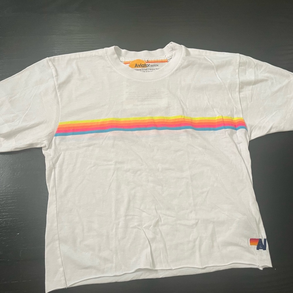 AVIATOR NATION WHITE BOYFRIEND TEE WITH NEON STRIPES